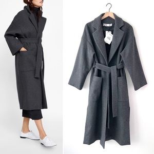 NWT ZARA Wool Blend Side Slits Belted Wrap Coat Gray Size S